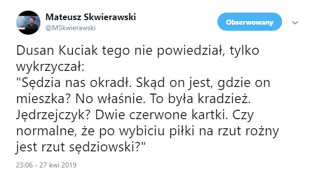 Kuciak krytycznie o pracy sędziego: ''ON NAS OKRADŁ''